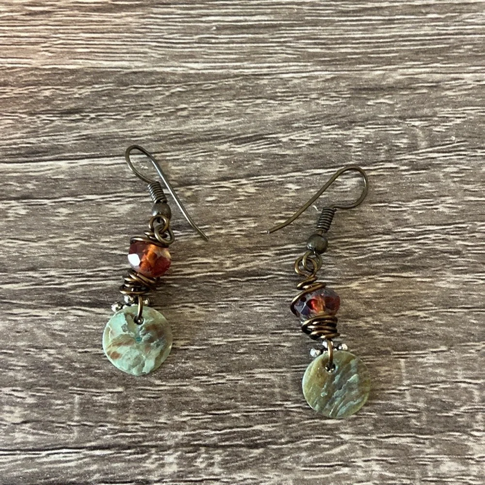 Handcrafted abalone shell dangle earrings beaded festival boho vacation jewelry